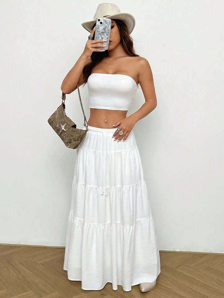 SHEIN EZwear White Bandeau Woven Top & Long Bodycon Skirt Women's Slim Fit Set,Ladies Casual Ruff... | SHEIN
