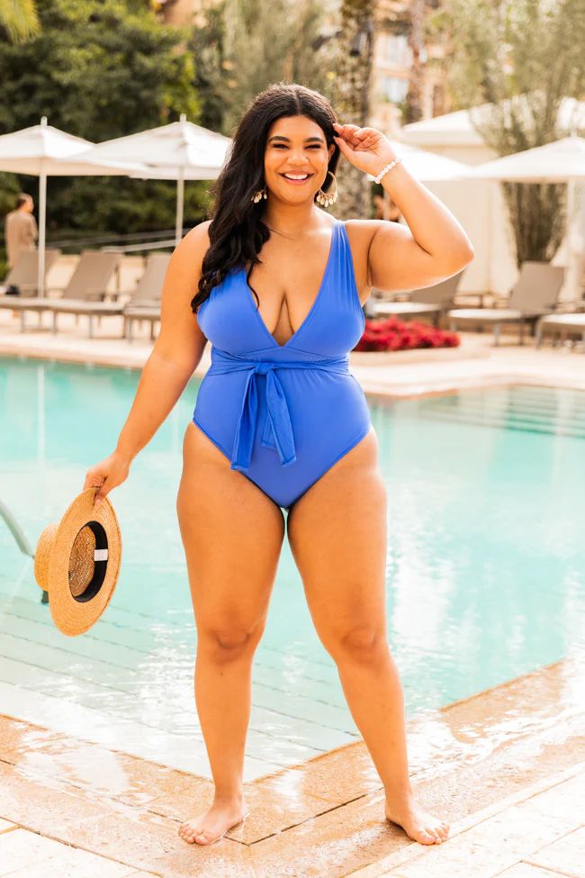 Diving Deep Blue V-Neck Tie Waist Swimsuit | The Pink Lily Boutique
