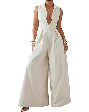 Verdusa Women's Zip Up Wide Leg Jumpsuits Sleeveless One Piece Dressy Rompers | Amazon (US)