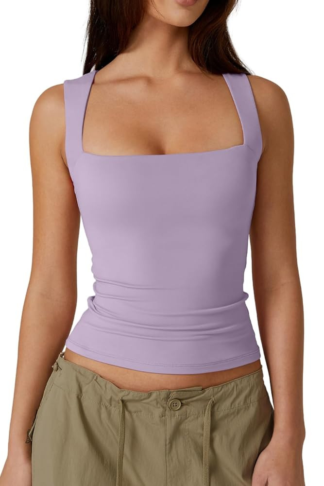 QINSEN - Blusas básicas ajustadas de doble capa con cuello cuadrado para mujer | Amazon (US)