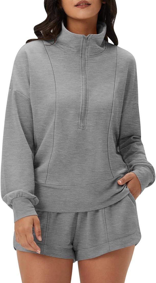 DEEP SELF Women 2 Piece Outfits Sweatshirt Quarter Zip V Neck Long Sleeve Pullover Top Shorts Pajama | Amazon (US)