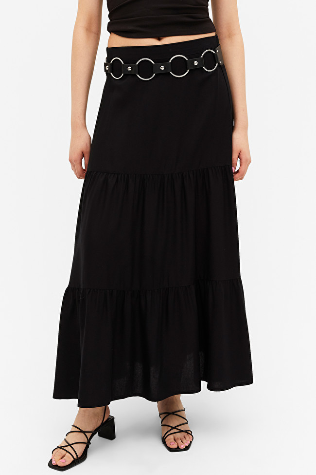 Black maxi flounce skirt
                  			
				£30 | Monki