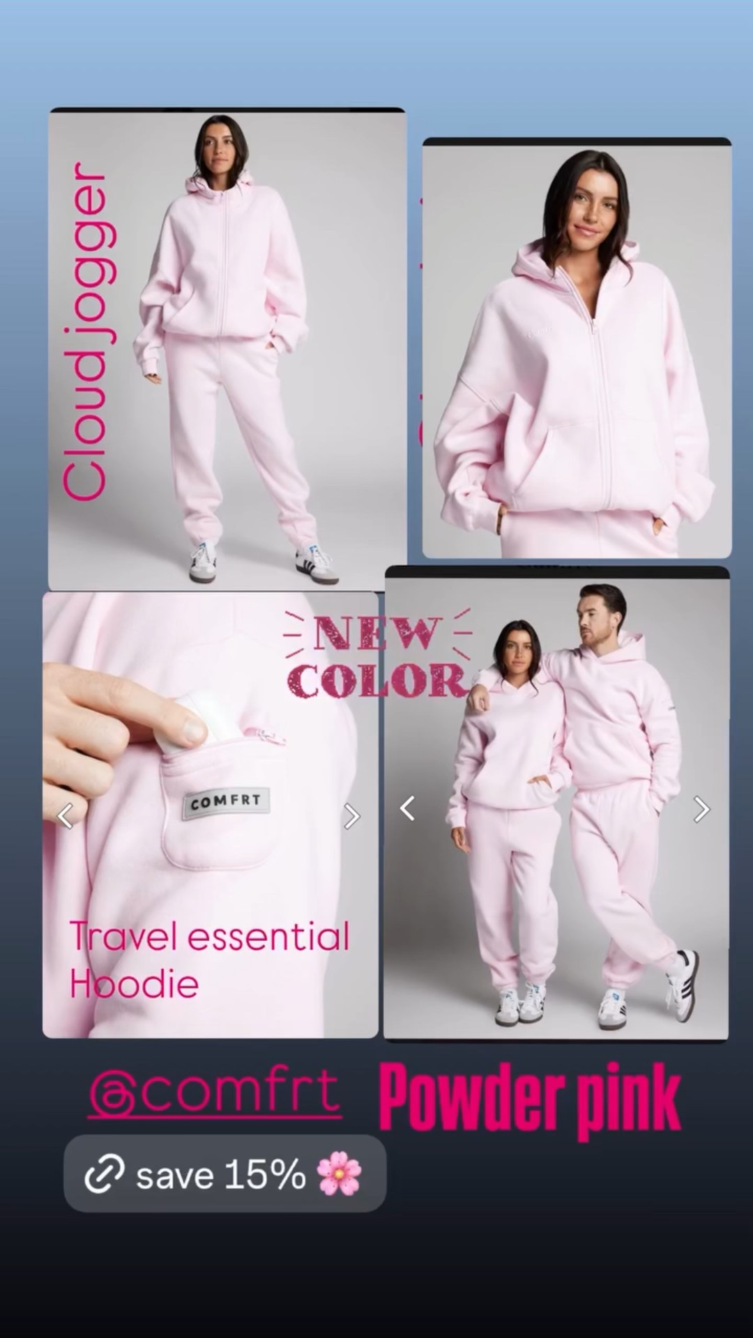 This is the new shade Comfrt in powder pink. It is so beautiful and so refreshing. It comes in the travel hoodie and in the cloud zip. So make sure you size down one or even two sizes in the zip up. And then the travel hoodie it is more true to size. Bottom size small they run through to size. 
I’m 5.4”  133lbs 
Mediums in the hoodies 
Small in the zip up 
Small in the bottoms 