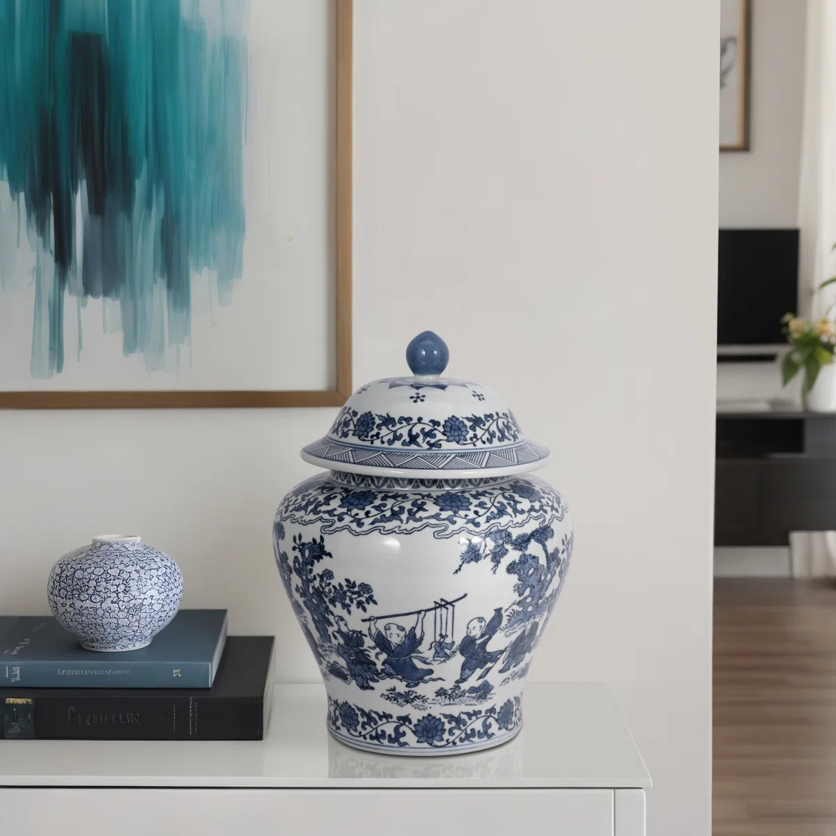 Chinoiserie Stoneware Ceramic Lidded Jar 15" Blue Traditional Decorative Accent for Home Office B... | Wayfair North America