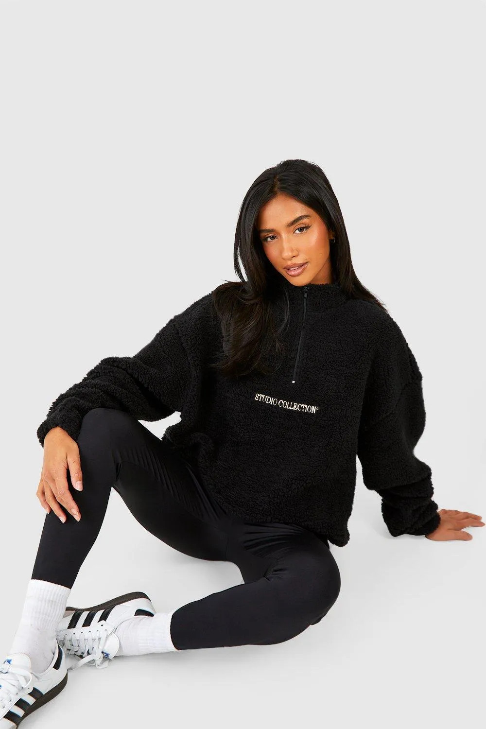 Hoodies & Sweatshirts | Petite Premium Borg Toggle Hem Half Zip Sweater | boohoo | Boohoo.com (UK & IE)