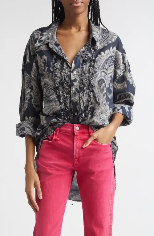 R13 Shredded Seam Ruffle Paisley Print Button-Up Shirt in Black Paisley Multi Print at Nordstrom, Size Small | Nordstrom