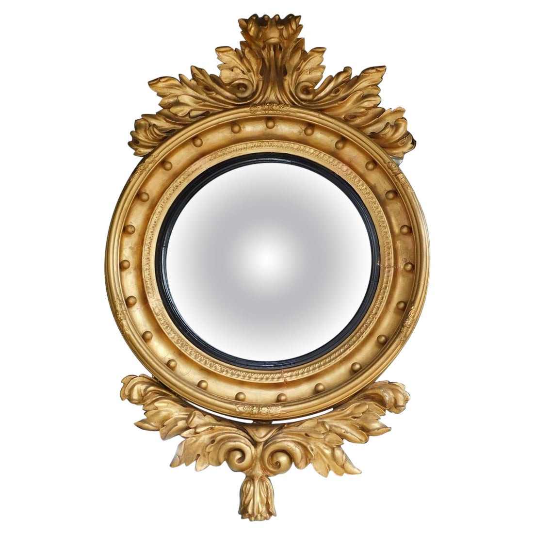 American Federal Gilt Wood & Ebonized Acanthus Foliage Convex Wall Mirror C 1820 | 1stDibs