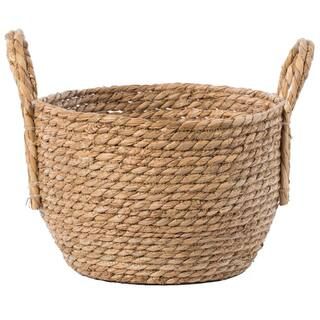 Decorative Round Small Wicker Woven Rope Storage Blanket Basket with Braided Handles | The Home Depot
