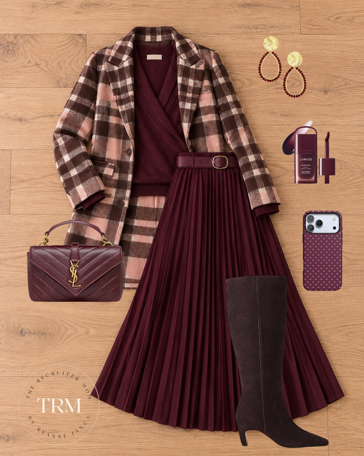 Plaid coat + wrap sweater + pleated midi skirt 🍷 Head-to-toe burgundy is my favorite fall moment! Suede knee-high boots and a quilted bag make it so elegant ✨

Sizing: Coat | Sweater | Skirt | Boots 

 #LTKover40 #LTKstyletip #LTKmidsize #LTKworkwear