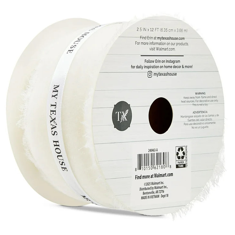 White Frayed Edge Christmas Ribbon, 12', by My Texas House | Walmart (US)