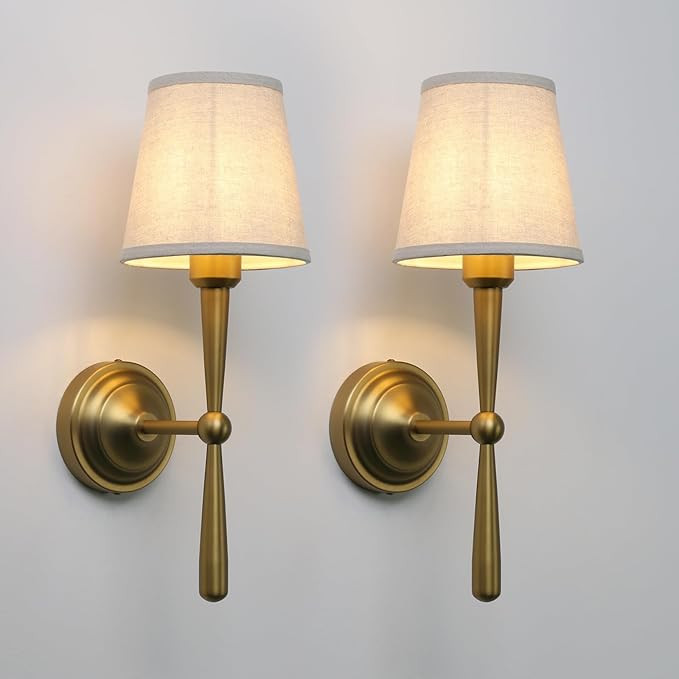 Yosoan Brass Linen Shade Bedside Vanity Wall Sconce Set of 2, Vintage Industrial Hardwired Indoor... | Amazon (US)