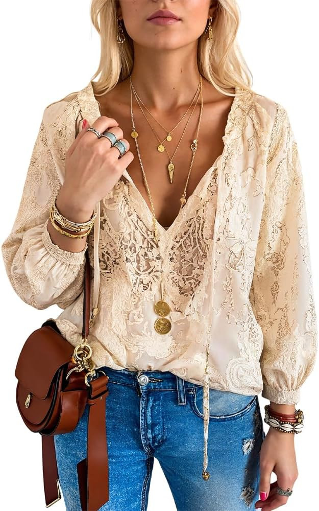 Akivide Mesh Lace Tops for Women,Fall Trendy Dressy Casual Blouse Boho Lace Tie Front Long Sleeve... | Amazon (US)
