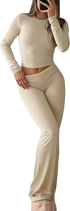 Women's 2 Piece Lounge Set Long Sleeve Crop Top and High Waisted Flare Pants Soft Knit Loungewear... | Amazon (US)