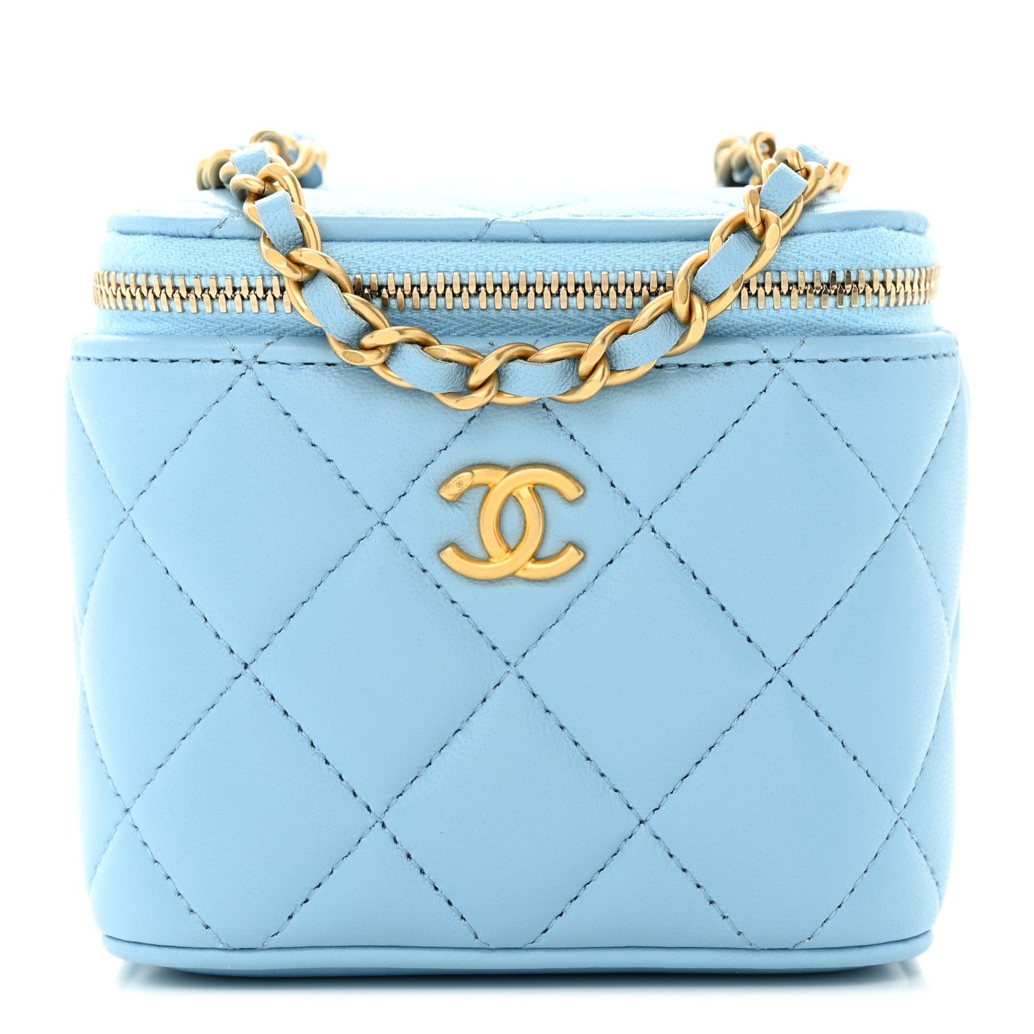 Lambskin Quilted Pearl Crush Mini Vanity Case With Chain Light Blue | FASHIONPHILE (US)