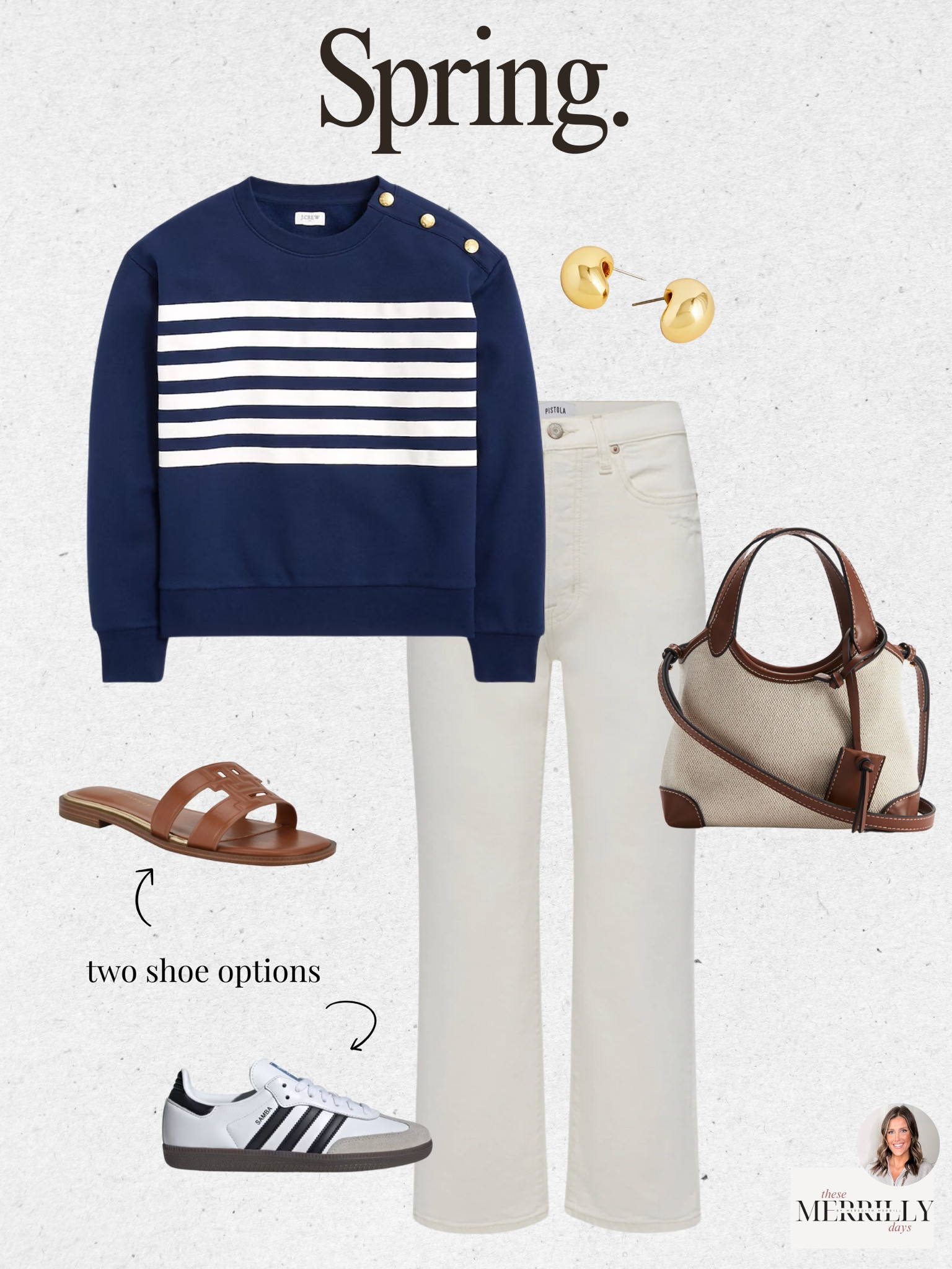 Casual but put together spring outfit idea! Love the nautical vibes from this sweatshirt with gold details 

#LTKShoeCrush #LTKItBag #LTKStyleTip