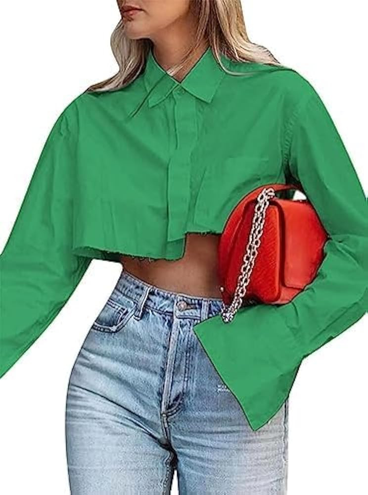Remidoo Women's Asymmetrical Hem Long Sleeve Button Up Shirt Crop Top Blouse | Amazon (US)