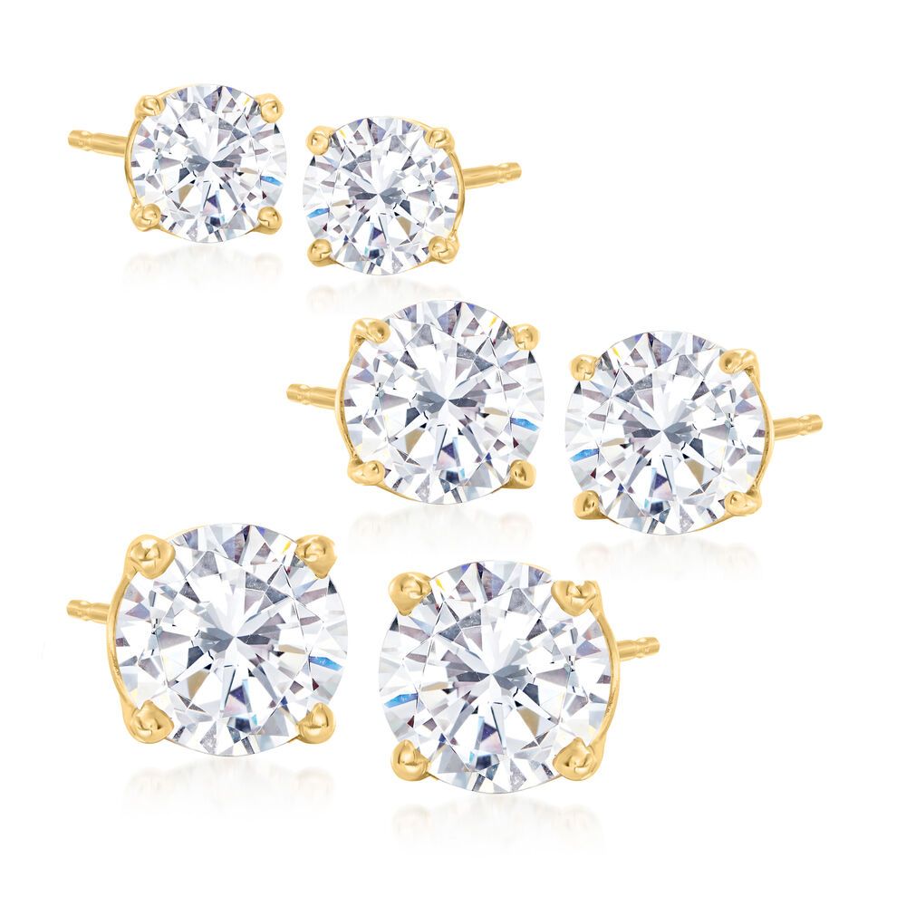 6.00 ct. t.w. CZ Jewelry Set: Three Pairs of Stud Earrings in 18kt Gold Over Sterling | Ross-Simons