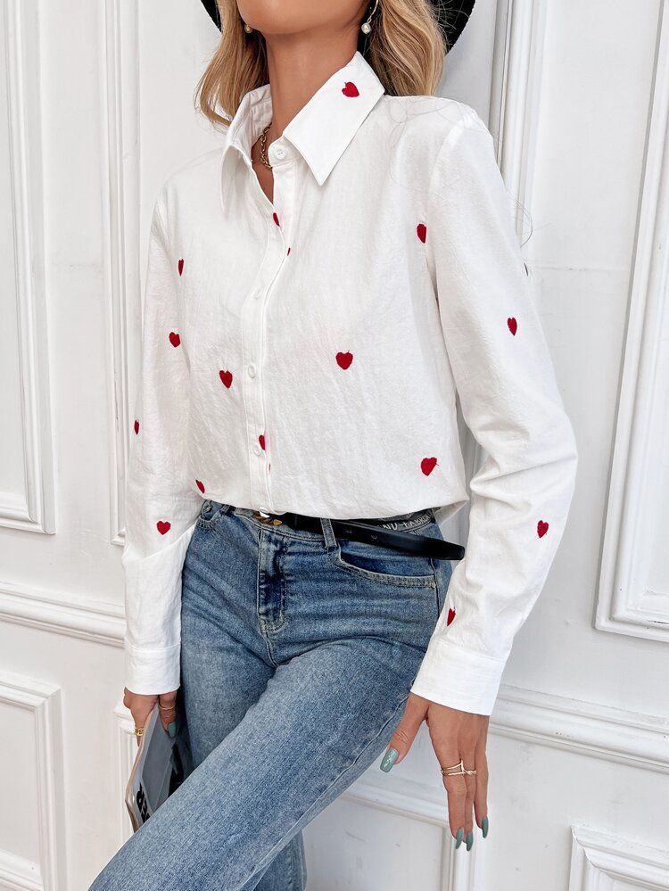 Heart Embroidery Button Front Blouse | SHEIN