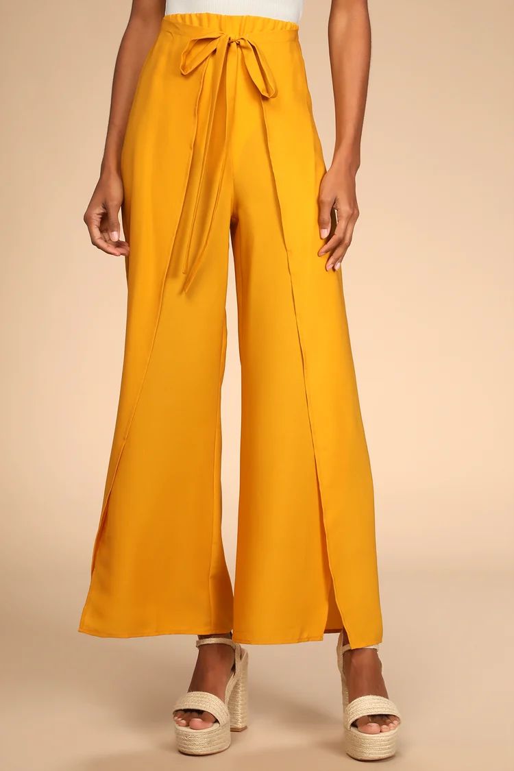Bright and Breezy Marigold Tie-Front Culotte Side Slit Pants | Lulus (US)