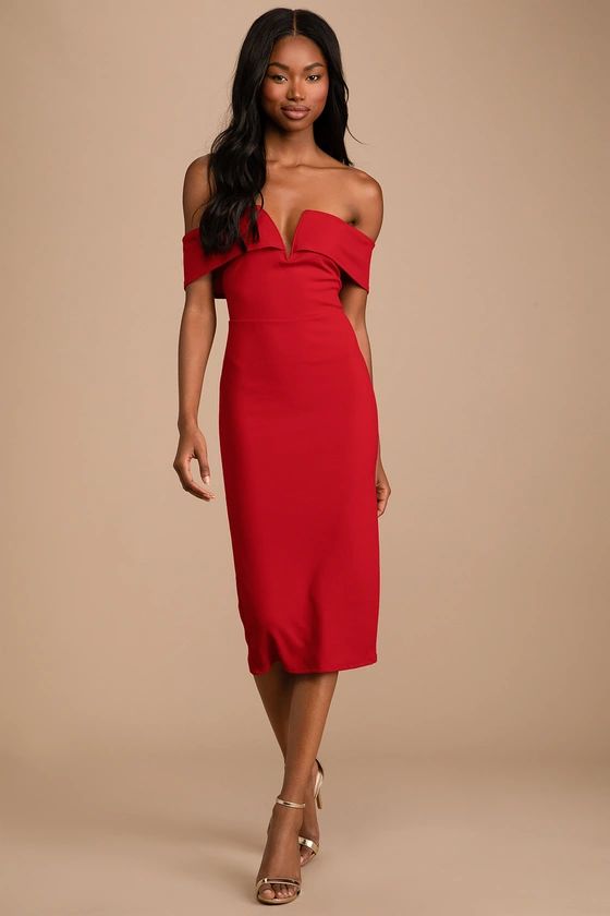 My Favorite Night Red Off-the-Shoulder Bodycon Midi Dress | Lulus (US)