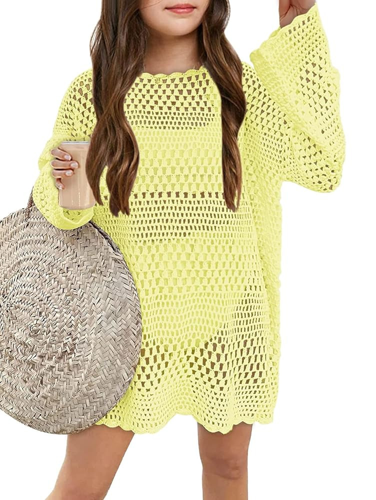 Girls Long Sleeve Swim Coverups Kids Fashion Crochet Beach Dress 5-14 Years | Amazon (US)