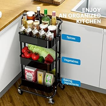 3 Tier Mesh Utility Cart, Rolling Metal Organization Cart with Handle and Lockable Wheels, Multif... | Amazon (US)