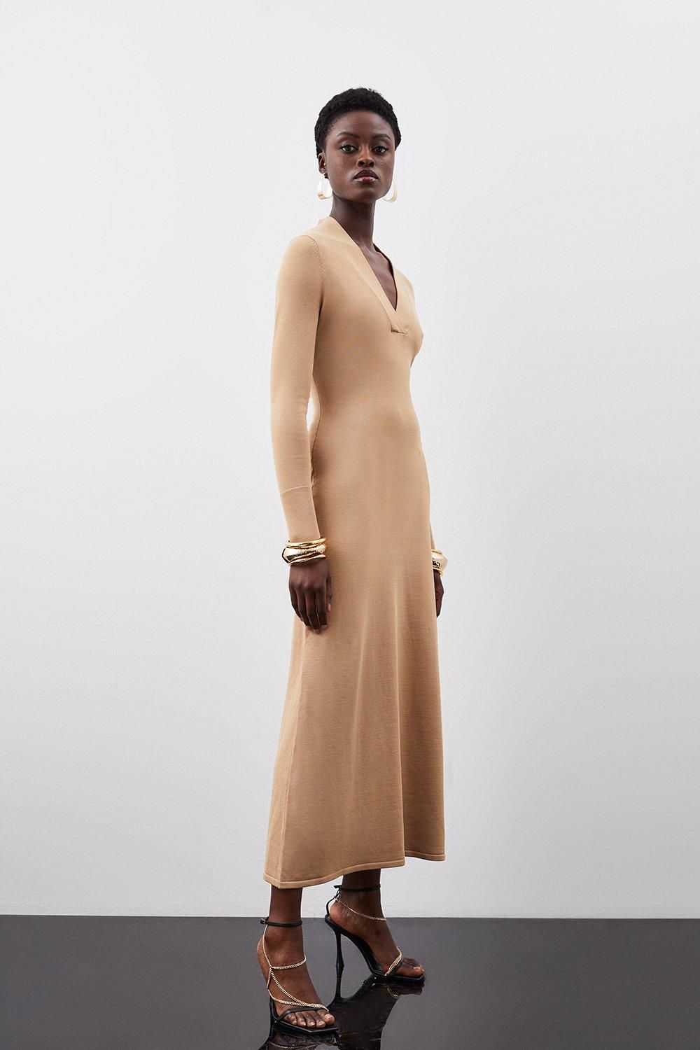 Viscose Blend Knit Midaxi Dress With Shawl Collar | Karen Millen UK + IE + DE + NL