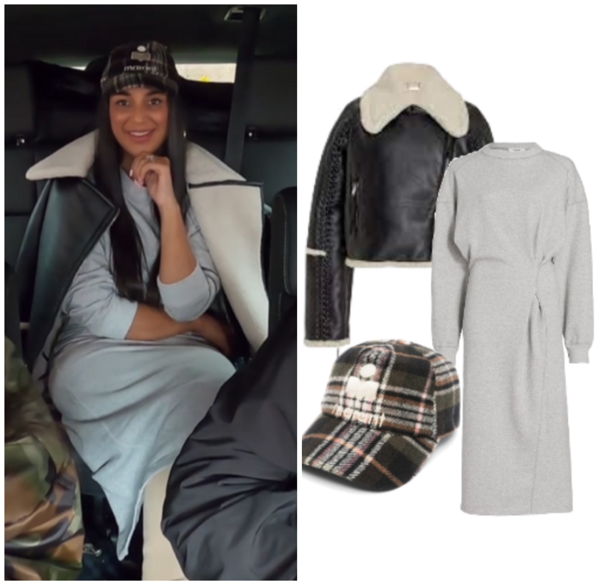 Jessel Taank’s Grey Sweatshirt Dress, Shearling Trim Leathed Jacket and Plaid Marant Baseball Cap