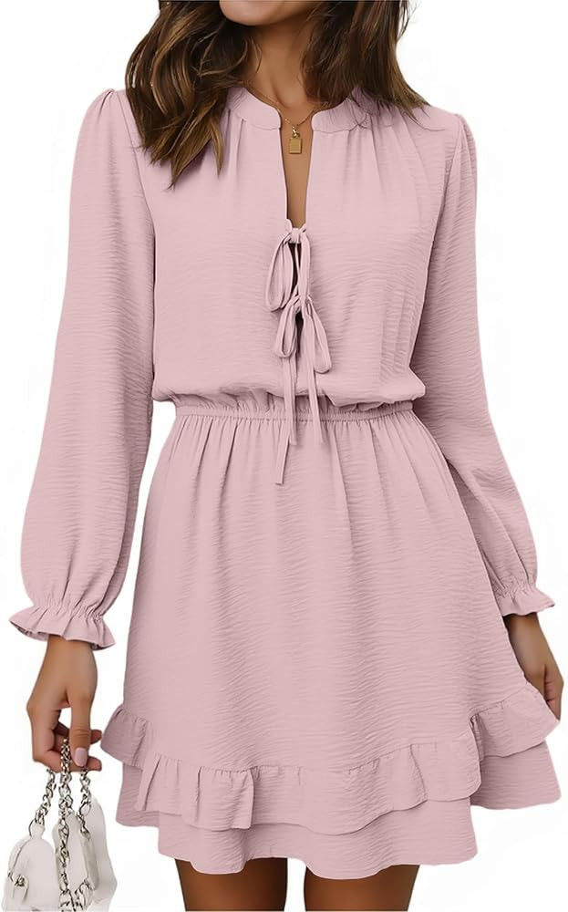 Angashion Womens Tie Front Mini Dress: V Neck Long Sleeve Layer Ruffle Hem Dress with Pockets | Amazon (US)