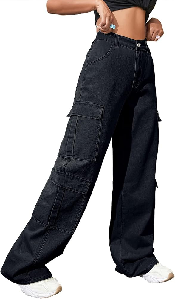 Women's High Waist Baggy Cargo Jeans Flap Pocket Y2K Streetwear Wide Leg Denim Pants | Amazon (US)