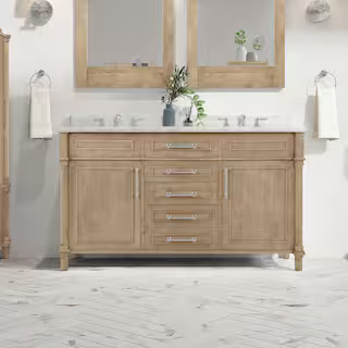 Home Decorators Collection Aberdeen 60 in. Double Sink Freestanding Antique Oak Bath Vanity with ... | The Home Depot