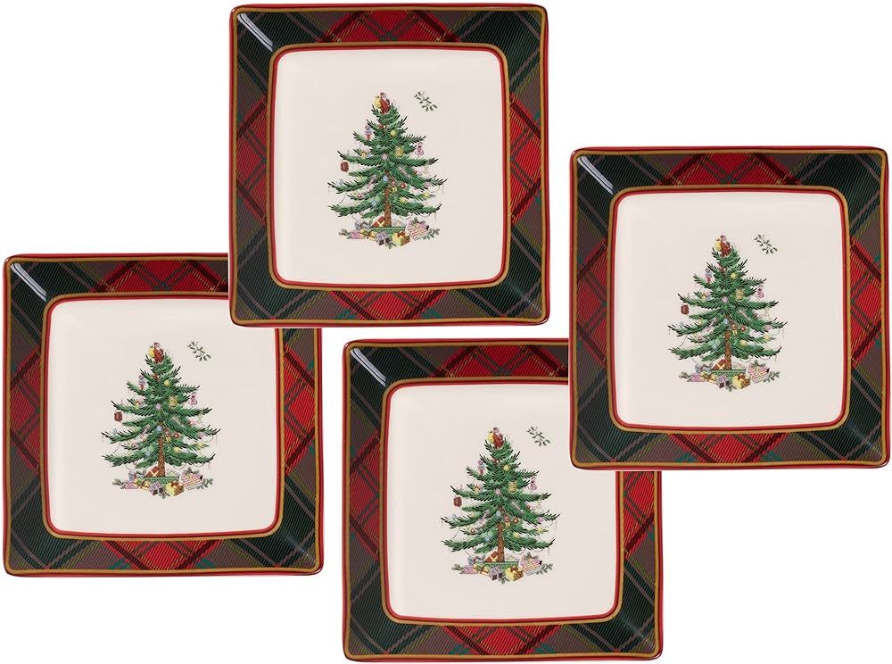 Spode Christmas Tree Tartan Square Tidbit Plates | Set of 4 | Christmas Appetizer Plates with Tar... | Amazon (US)