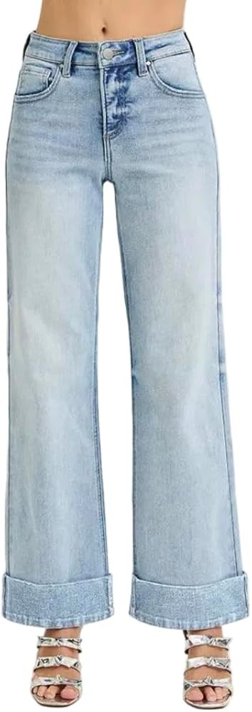 Risen Tummy Control High Rise Wide Leg Cuffed Jeans- Ivory Gem | Amazon (US)
