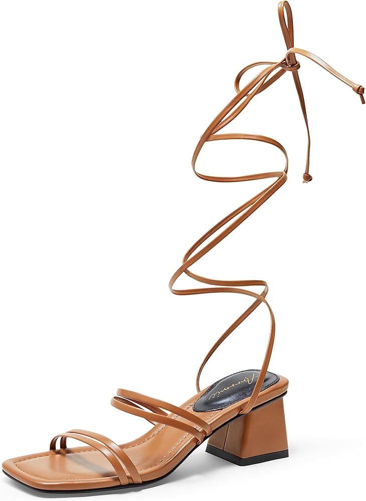 Arromic Women's Strappy Lace Up Heeled Sandals Black Nude White Gold Chunky Strap Heels Square Op... | Amazon (US)