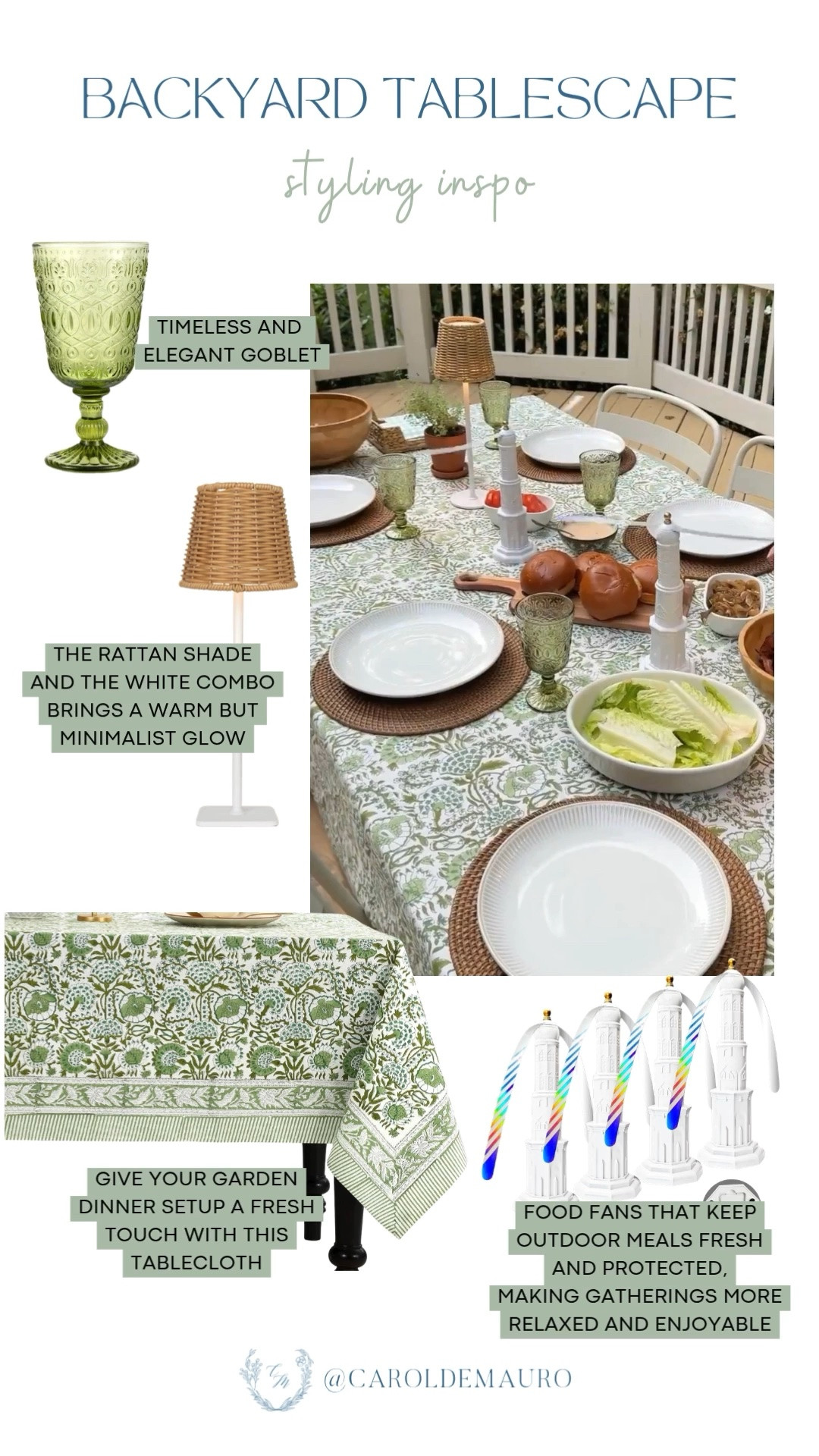 Cannot get over how beautiful this backyard tablescape turned out with the green block print tablecloth and glass goblets. The rattan table lamp and food fans are the kind of details that make the whole setup feel so intentional.

backyard tablescape, outdoor dining, tablescape inspo, block print tablecloth, outdoor entertaining, summer table decor, garden dinner party, summer hosting

#LTKHome