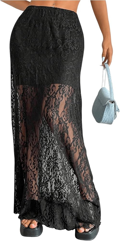 MakeMeChic Women's Floral Lace High Waist Lettuce Trim Loose Fit Sheer Long Maxi Skirts | Amazon (US)