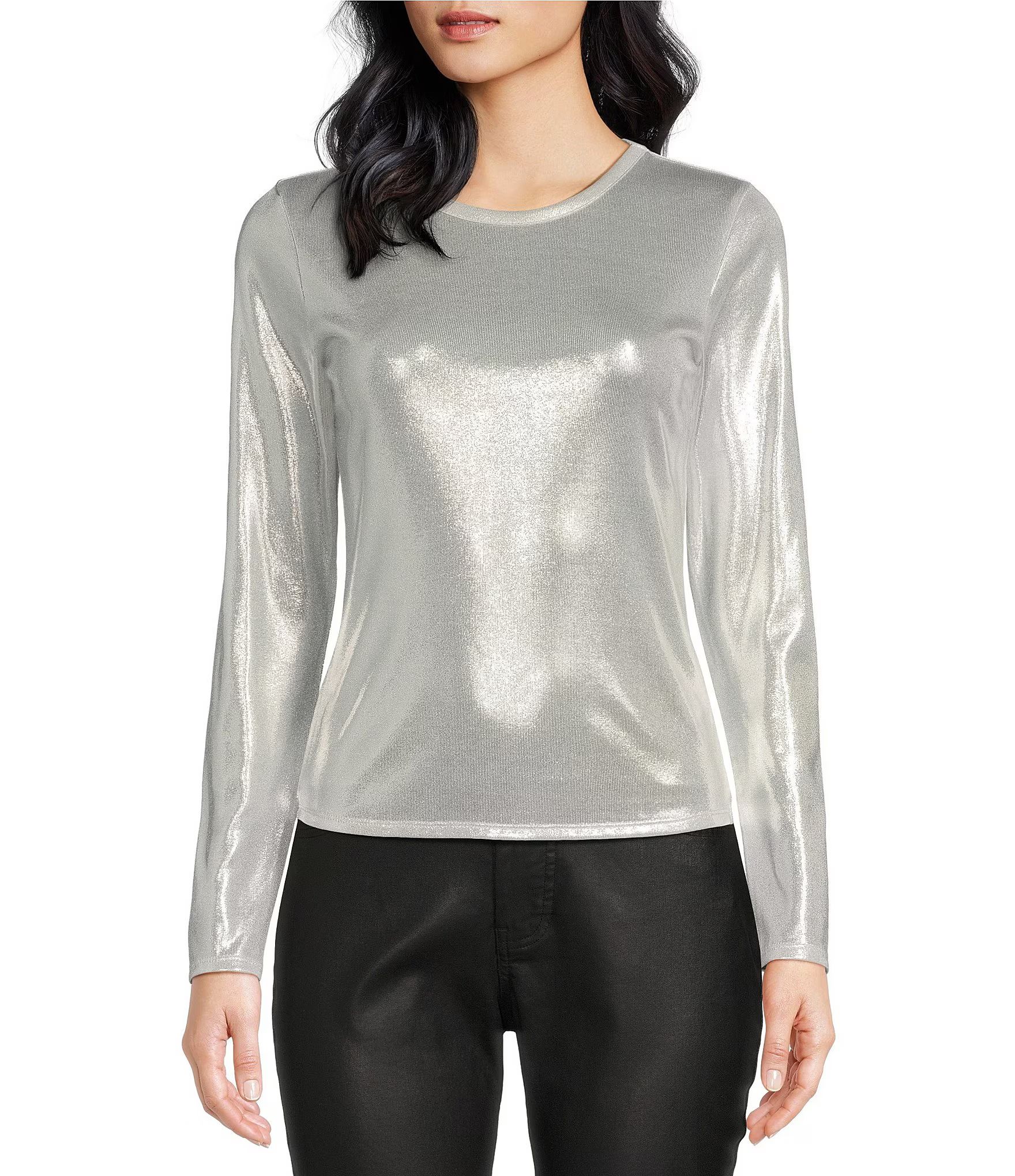 Long Sleeve Lame Knit Metallic Tee Shirt | Dillard's