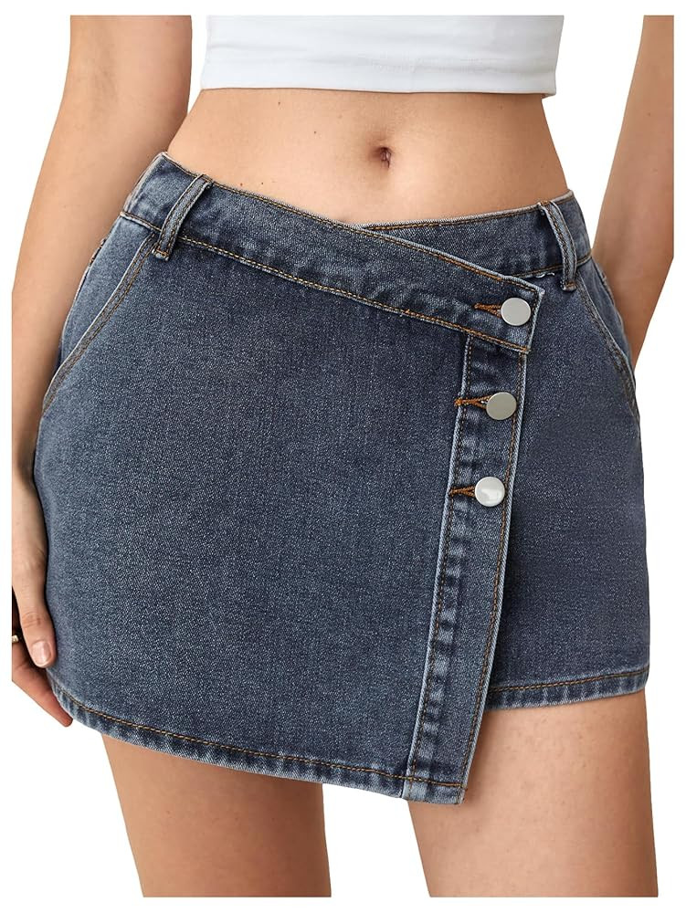 WDIRARA Women's High Waisted Button Front Denim Skort Asymmetrical Hem Skirt Shorts | Amazon (US)