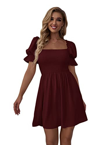WDIRARA Women's Square Neck Flounce Short Sleeve Shirred Ruffle Hem Dress Burgundy M | Amazon (US)