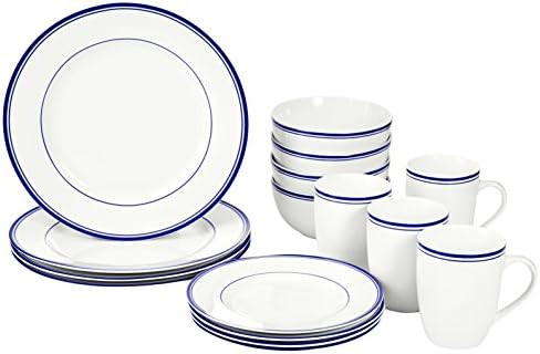 Amazon Basics 16-Piece Cafe Stripe Kitchen Dinnerware Set, Plates, Bowls, Mugs, Service for 4, Bl... | Amazon (US)