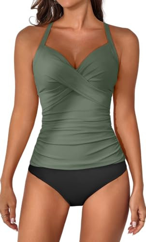 B2prity Women's Ruched Tankini Suimsuits V Neck Wrap Tie Back Two Pieces Bathing Suit Tummy Control Swimwear Army Green, Black | Amazon (US)