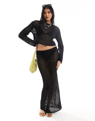 Miss Selfridge open knit crochet holey maxi skirt in black | ASOS (Global)