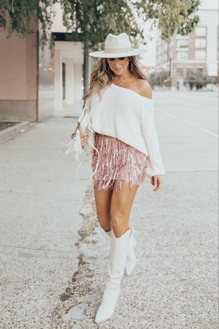 Blush pink sequin fringe skirt, holiday outfit, holiday outfits, white slouchy oversized sweater, white boots, NYE 

#LTKHoliday #LTKstyletip #LTKparties