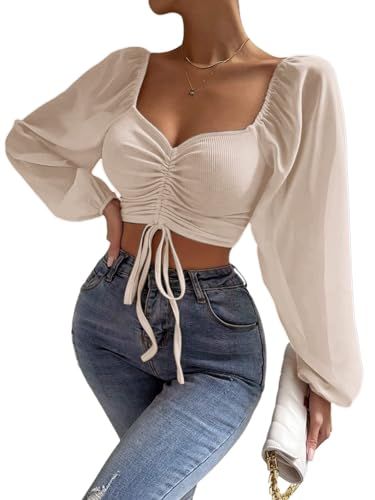 Avanova Women's Long Sleeve Dressy Blouses Sweetheart Neck Sheer Mesh Drawstring Ruched Crop Tops | Amazon (US)
