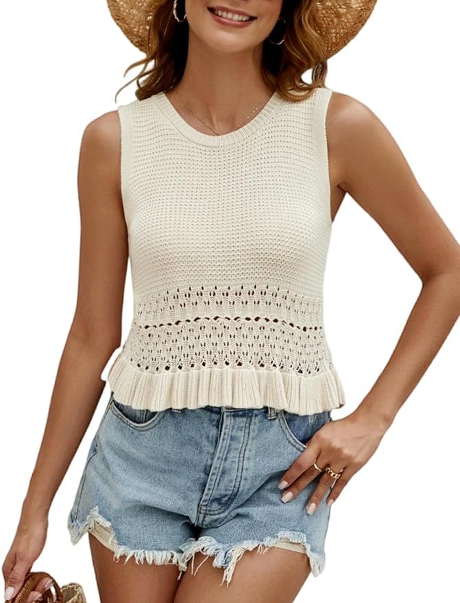 CiCiBird Women Cute Crop Sweaters Vest Knit Sleeveless Pullover Tops Crochet Ruffle Hem Tank | Amazon (US)