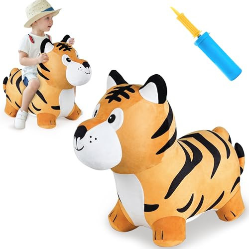 iPlay, iLearn Bouncy Pals Tiger Hopper Toy, Toddler Hopping Horse, Kid Plush Ride on Animal Bouncer W/Pump, Inflatable Bouncing Rider, Indoor Outdoor Jumping Birthday Gift 2 3 4 5 6 Year Old Boy Girl | Amazon (US)