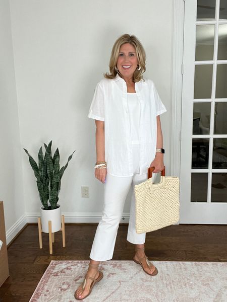 Linen blend button up shirt. Stretchy white pants. PANTS RUN SNUG. Size up one. 
Discount code for pants: CINDYXSPANX

#LTKstyletip #LTKSeasonal #LTKfindsunder50