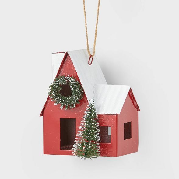 Metal Cabin with Tree and Wreath Christmas Tree Ornament Red - Wondershop™ | Target