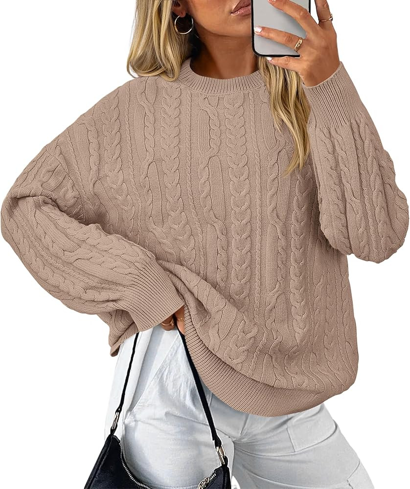 KIRUNDO Oversized Cable Knit Sweater Women 2025 Early Fall Fashion Chunky Cozy Long Sleeve Crewne... | Amazon (US)