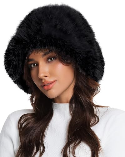 Faux Fur Bucket Hat for Women, Wide Brim Adjustable Fuzzy Fisherman Cap Long Pile Fluffy Winter Fashion Hat (US, Alpha, One Size, Medium, Black) | Amazon (US)